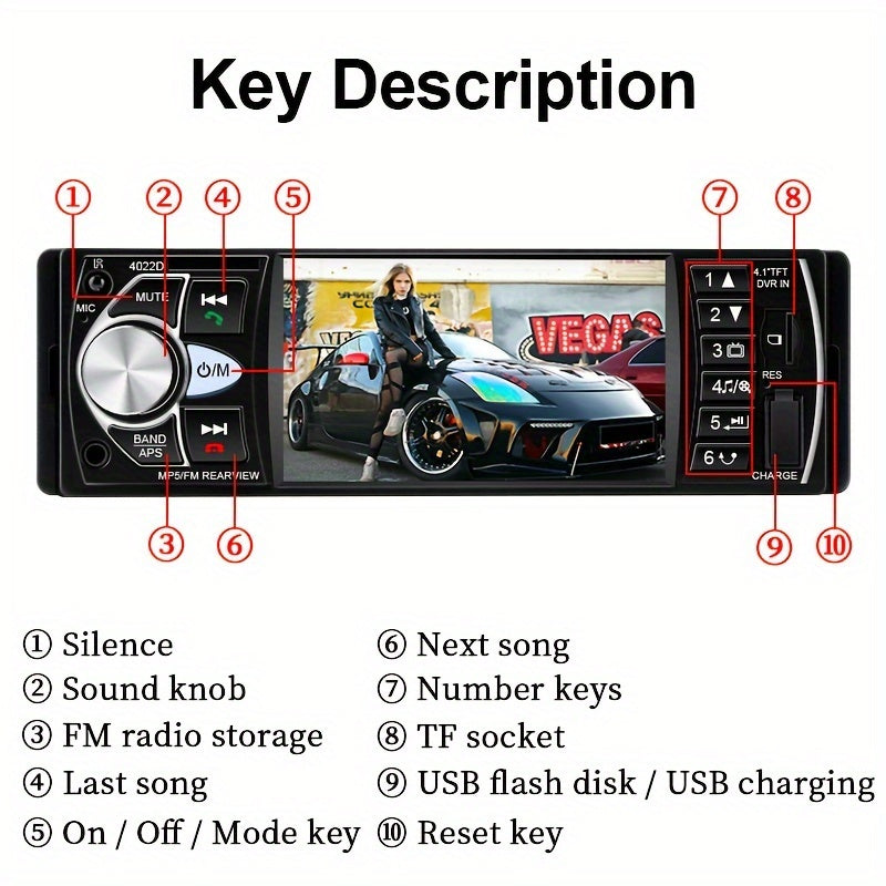 Portable car multimedia video player with car radio supporting 14 languages, USB/AUX/FM, remote control, and no battery.