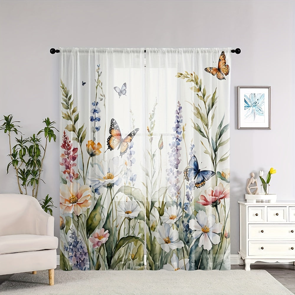 Get two stunning Vibrant Floral & Butterfly Print Sheer Curtains for your living room or bedroom. Made from high-quality polyester, these curtains are easy to hang with a rod pocket design. Their semi-transparent finish adds a touch of elegance to your