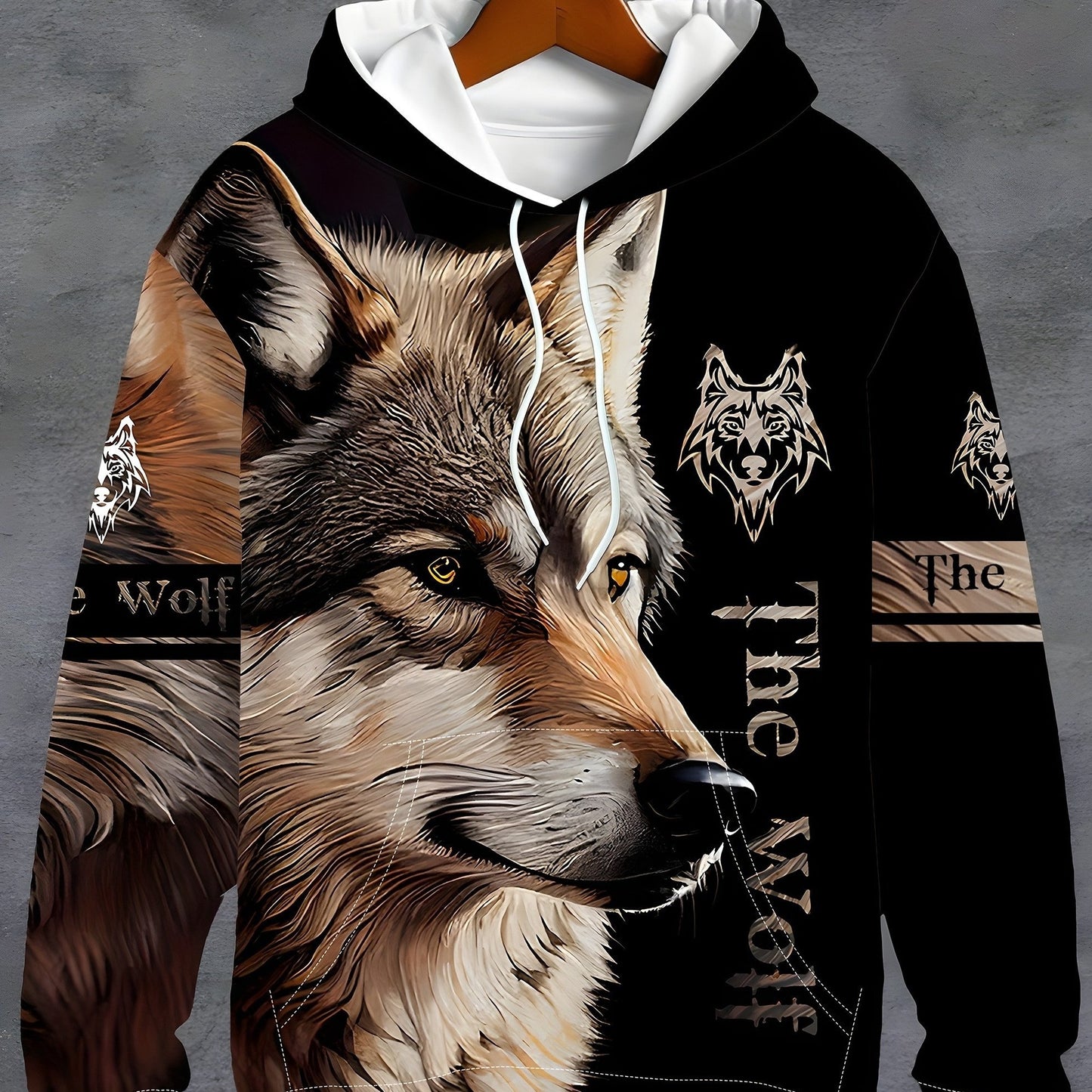 Plus size men's hoodie with wolf print, casual drawstring, machine washable.