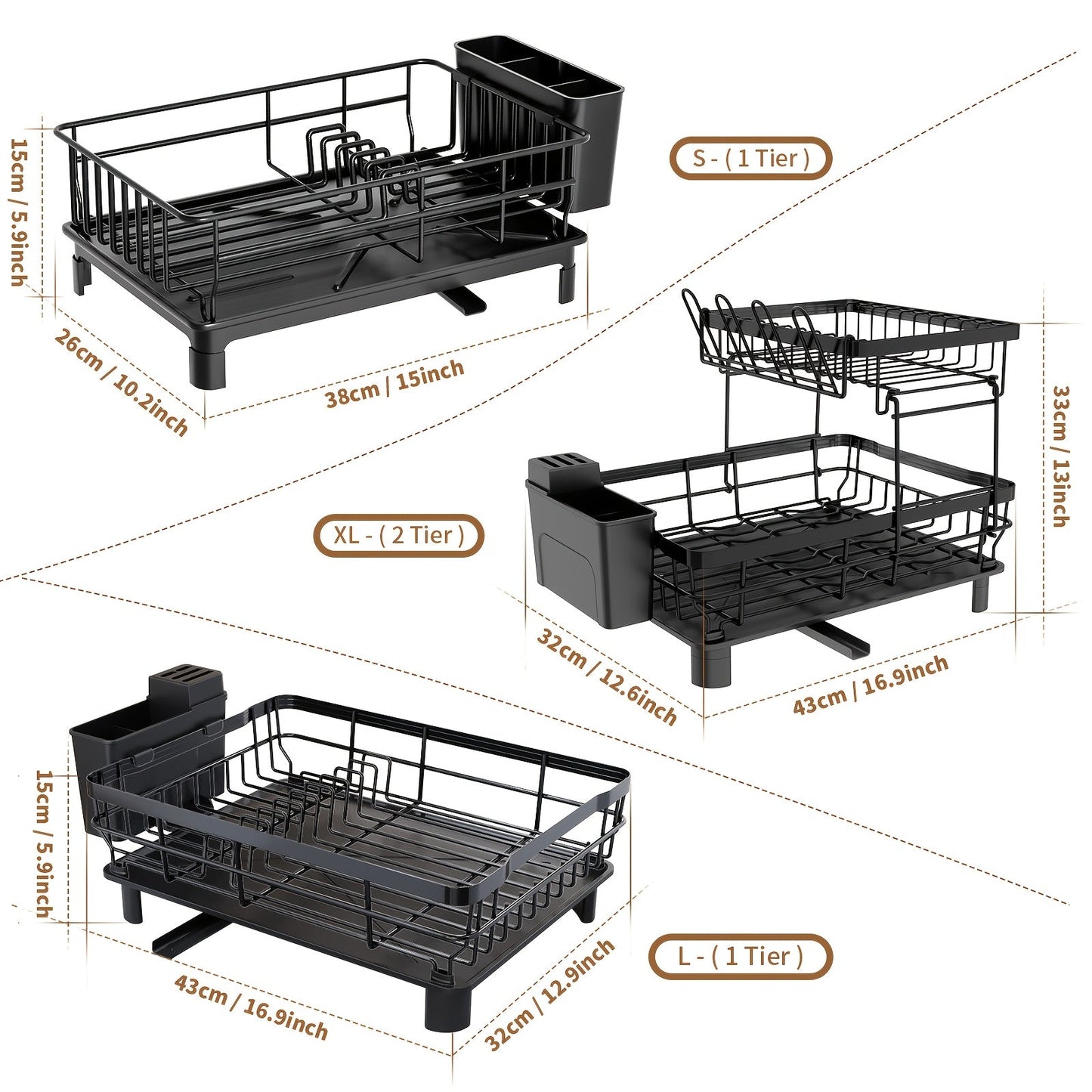 Large black dish drying rack with drainboard, adjustable spout, utensil holder, and knife slots. Perfect for organizing your kitchen counter, made of durable metal and plastic. Ideal dish drying rack for your kitchen counter.