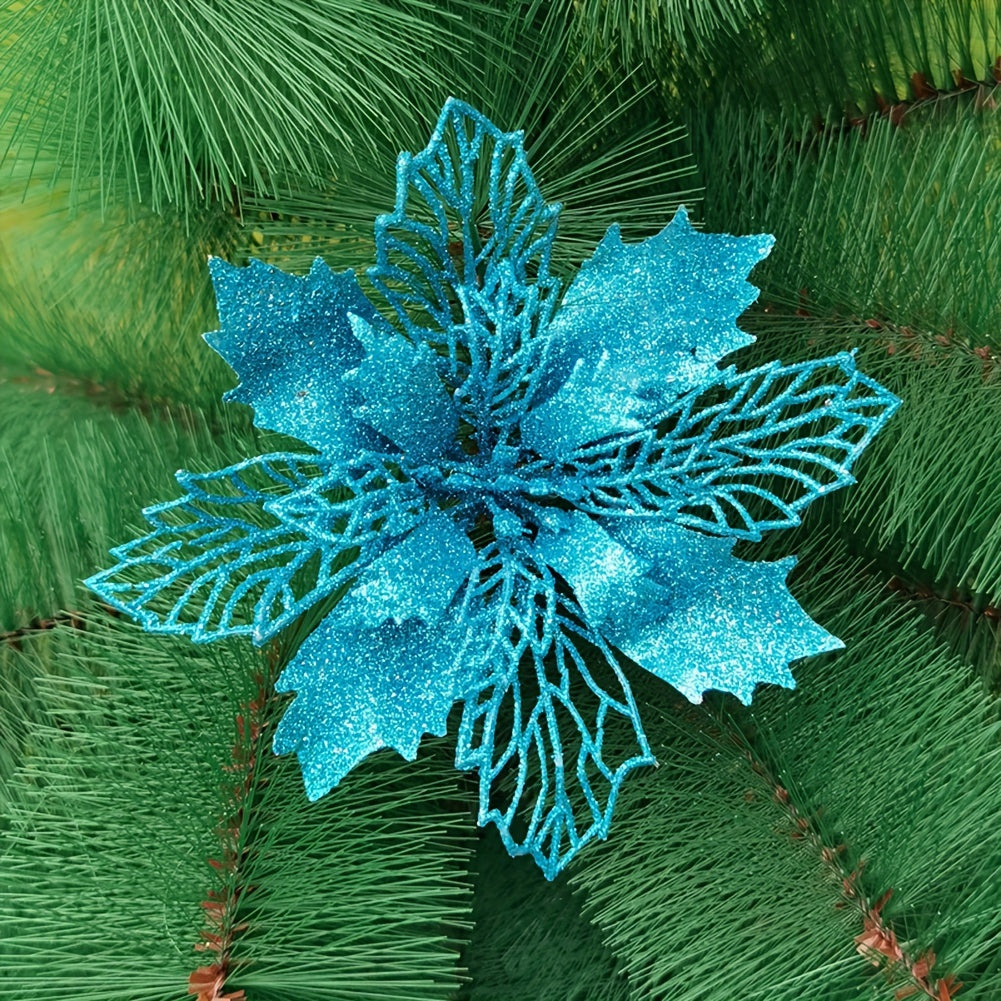 10 artificial Christmas flowers, 9cm/3.54in, glitter tree ornaments made of polyester and plastic. Suitable for home, kitchen, parties, and First Communion. No power required, festive holiday decoration.