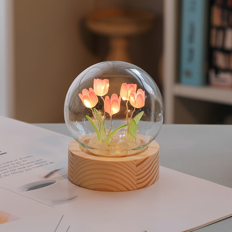 Modern handmade glass tulip night light with switch control. Perfect gift for Mother's Day or birthday. Battery-powered (battery not included).