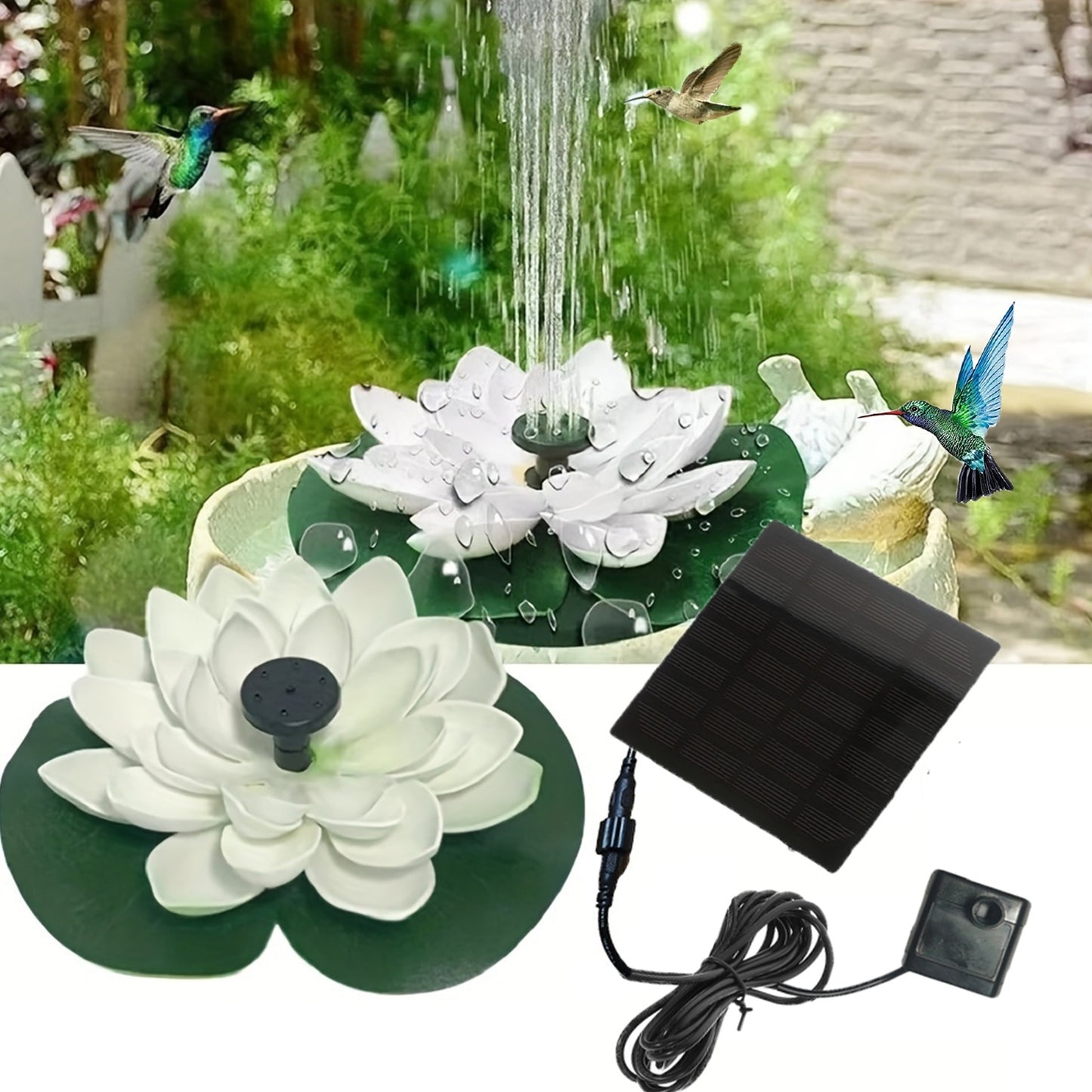 2.5W/1.5W Solar Fountain Pump - Easy install, Floating Lotus design for ponds, patios & bird baths, independent floating design