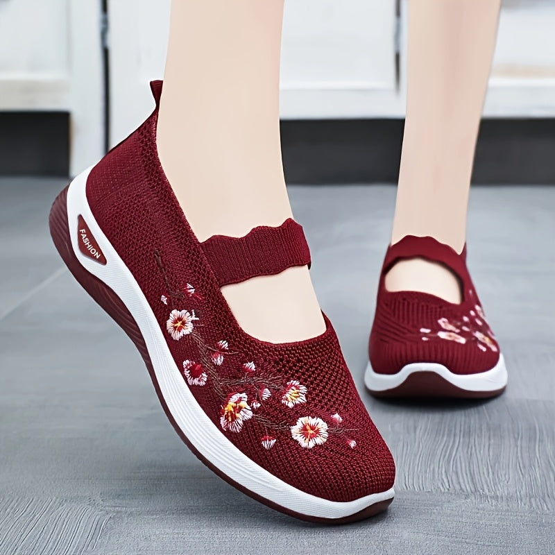 Women's Breathable Knit Sneakers with Floral Design, Non-Slip Sole, Lightweight, in Multiple Colors.