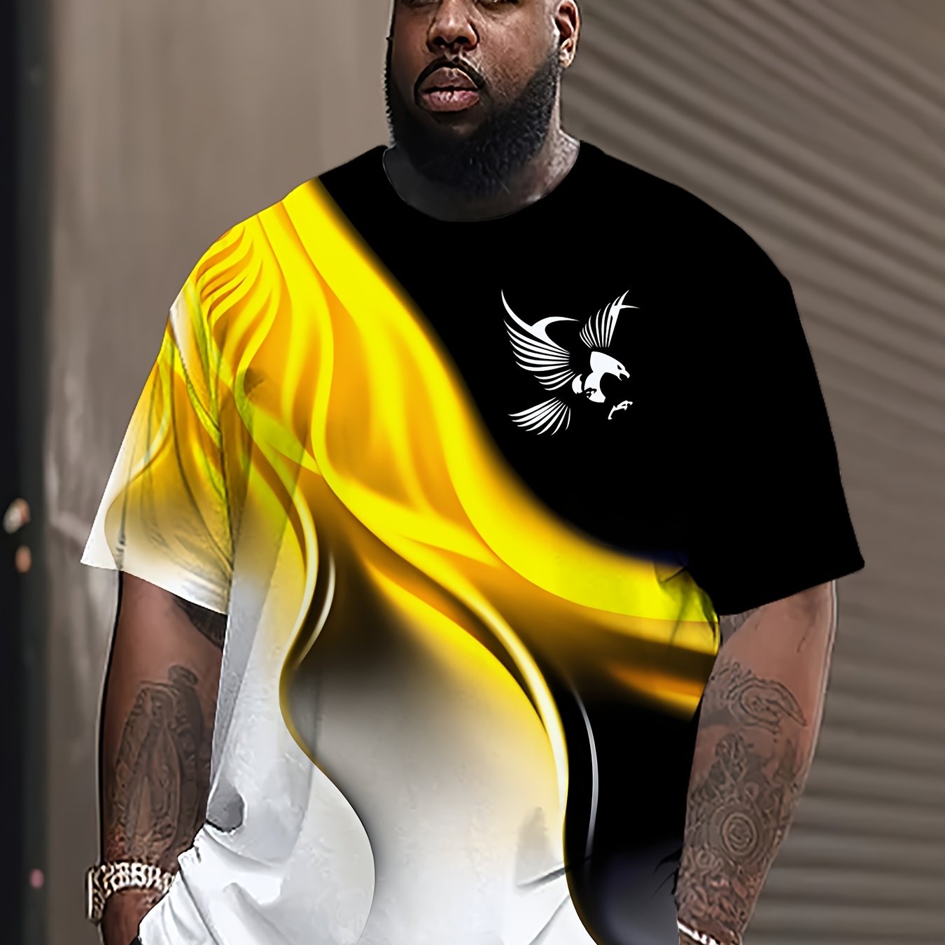 Men's 3D Print Gradient Short Sleeve T-Shirt in Black to Yellow, Polyester & Spandex Blend, Regular Fit, Machine Washable, Casual & Athletic Wear, PLUS SIZE