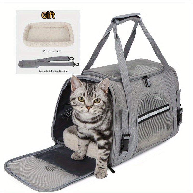 Portable pet bag with four-sided breathable design, includes fur mat, can be used on suitcase or as single shoulder pet bag. Collapsible and transparent, suitable for both cats and dogs.