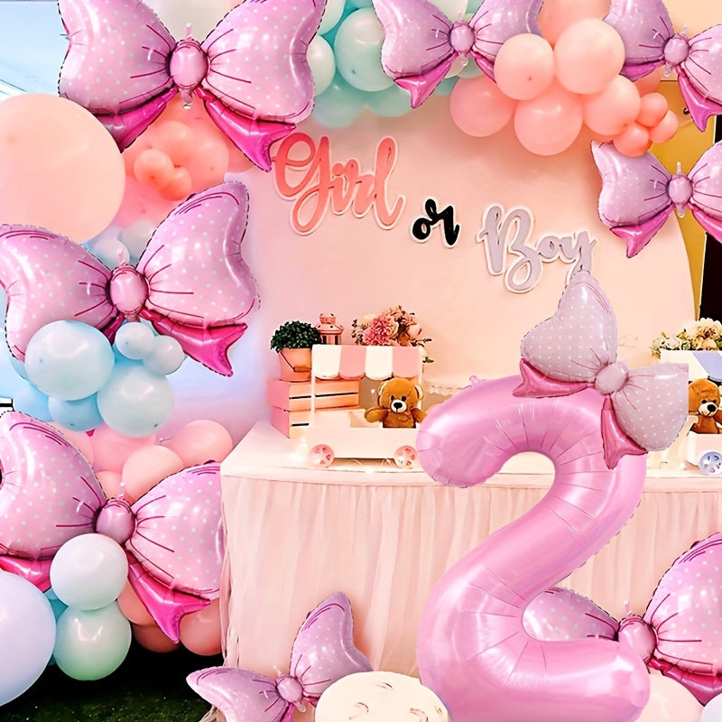 81.28 cm Pink Number Balloon with Bow - Ideal for girls' birthday decor - No electricity needed - Made of aluminum