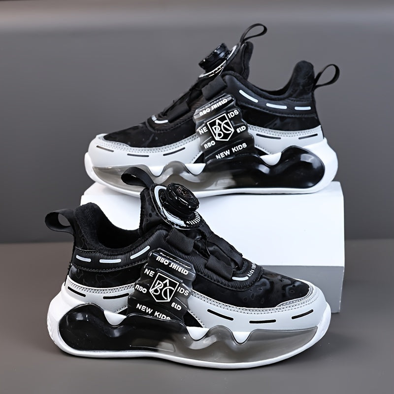 Trendy high top basketball shoes for boys with rotating buckle, non-slip, shock-absorbing soles for outdoor activities.