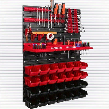 49 piece DIY carpentry and car repair tool set with organized wall-mounted storage system. Includes socket, screwdriver, and wrench for screws, nuts, bolts, nails, beads, and small hardware