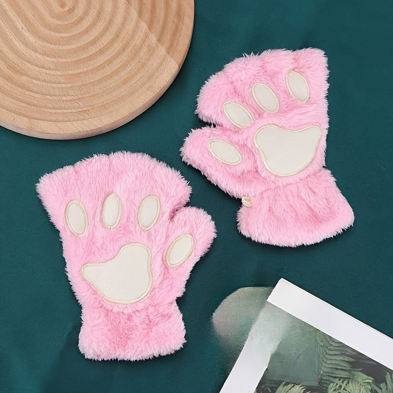 Stylish and Comfortable Cartoon Cat Paw Gloves, Featuring Thick Plush Half-Finger Design for Warmth & Fashion, Ideal for Parties.