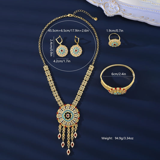 Vintage Arabian Style MEIZ Jewelry Set - Includes Earrings, Necklace, Bracelet, and Ring - 18K Golden Plated with Synthetic Cubic Zirconia and Copper - Perfect for Daily Wear, Holidays, Parties, Carnivals, and All-Season Accessorizing