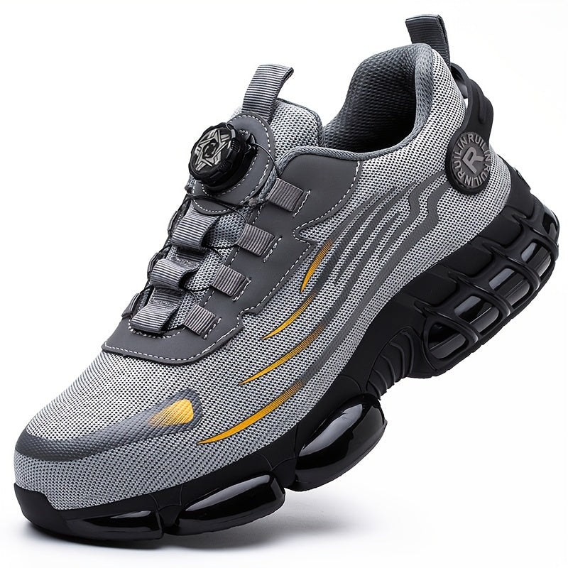 Men's steel toe safety sneakers with rotary button closure for all-season protection during work and outdoor activities.