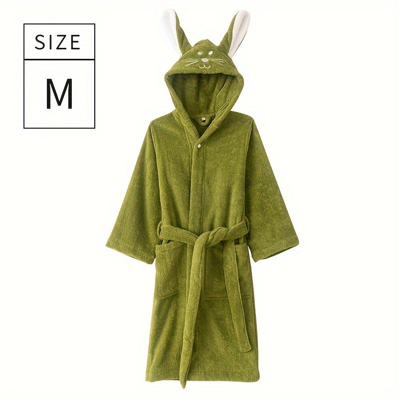 Children's bathrobe with cute rabbit face design, made of quick-drying absorbent cotton. Perfect for home or bathroom use.