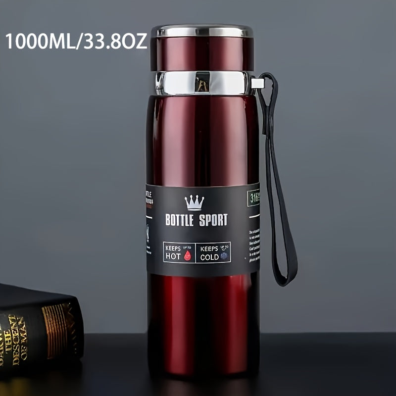 Stainless steel 1000ml vacuum insulated water bottle with portable strap, BPA-free, keeps hot/cold for sports and outdoor activities, hand wash only.