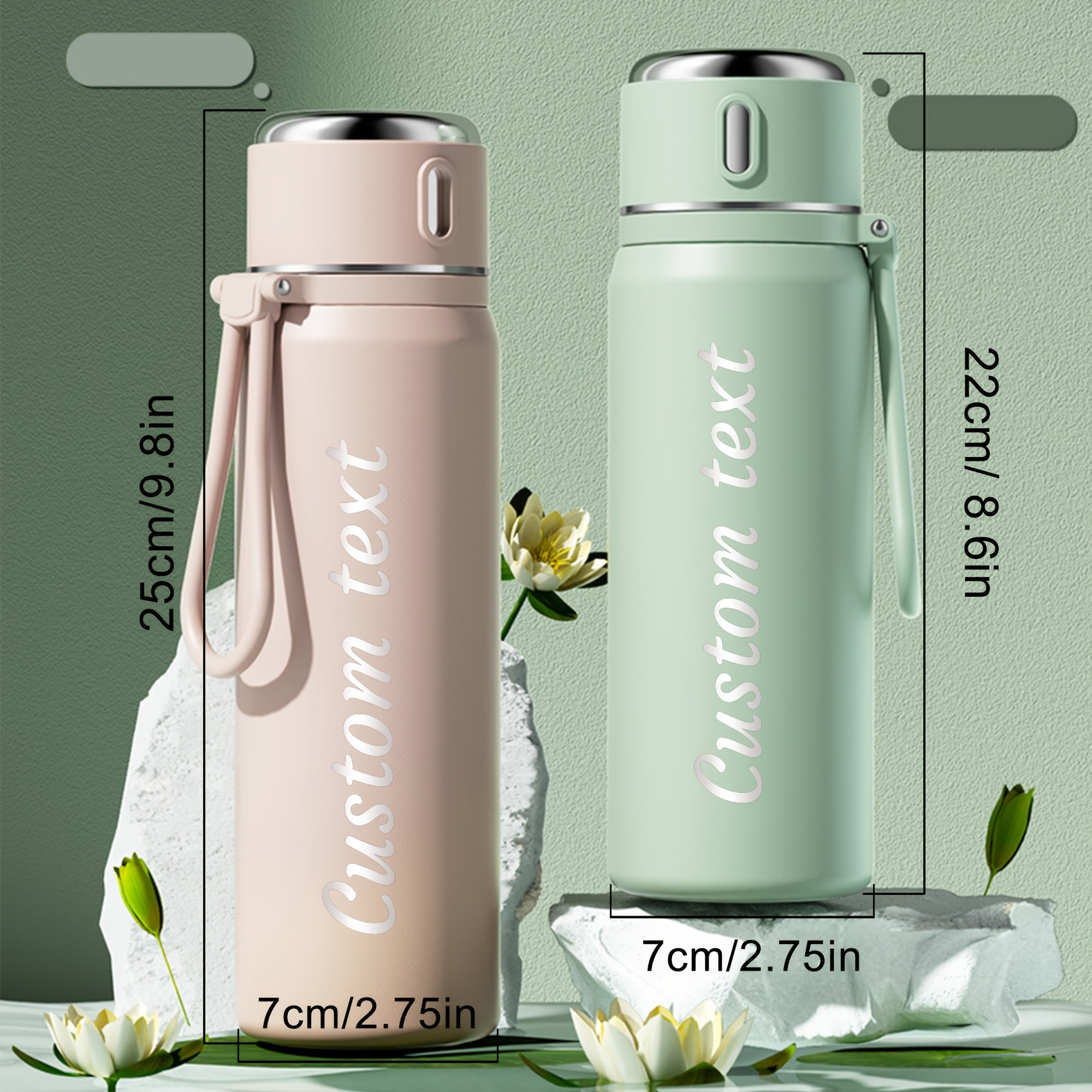 Custom stainless steel water bottle, 550ml/18.6oz, laser engraved with personalized name design.