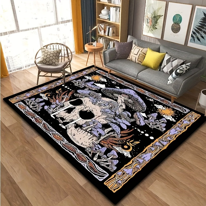 Non-Slip Door Mat with Skull & Mushroom Pattern - Easy to Clean in Washing Machine, Ideal for Adding Style to Living Room, Bedroom, Bathroom, and Entryway