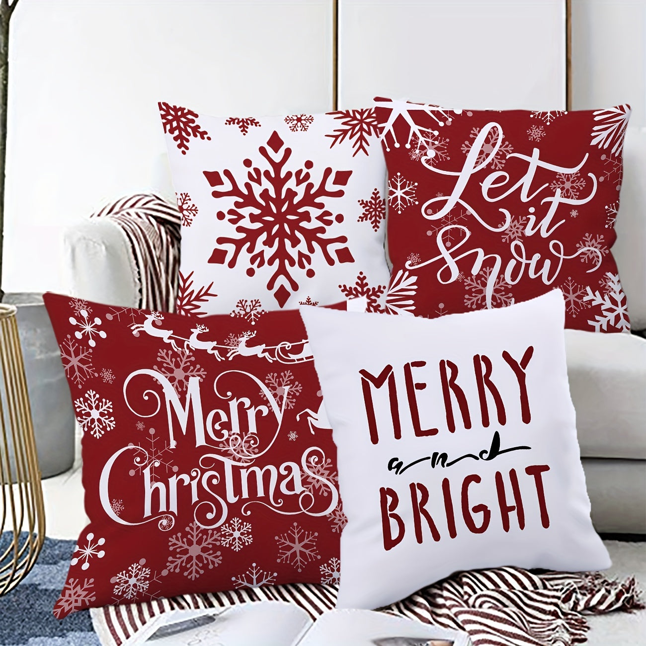 Set of 4 Christmas-themed pillowcases with various designs, 45.72cm X 45.72cm.