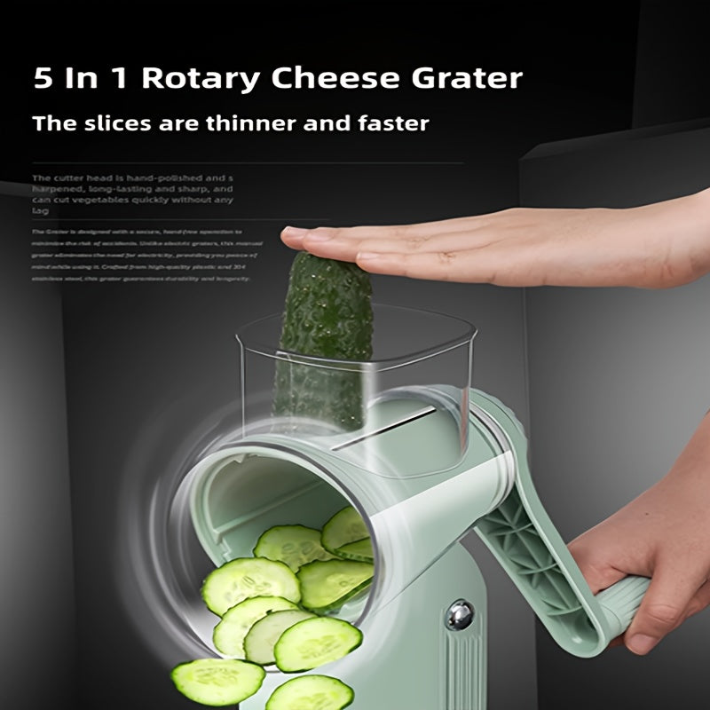 Rotary Cheese Grater with Handle - 5 Blades, Strong Suction Base, Mandoline Slicer, Vegetable Grater, Bonus Blade Storage - Perfect for Kitchen Use