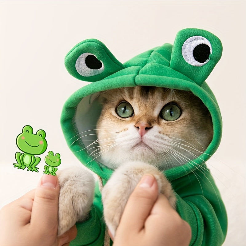 Cute frog-themed hoodie for small cats, suitable for all seasons.