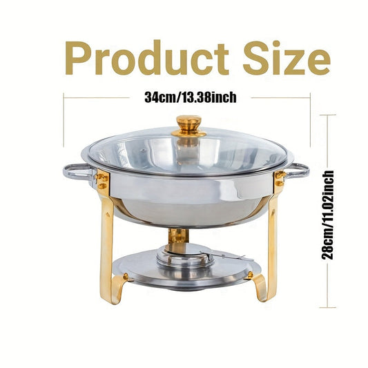 Elegant Buffet Chafing Dishes Set - Includes 1 Piece of 5QT Round Chafing Dish with Worry-Free Assembly. Made of Stainless Steel in Elegant Golden and Silvery Colors. Perfect for Catering, Parties, and Weddings.