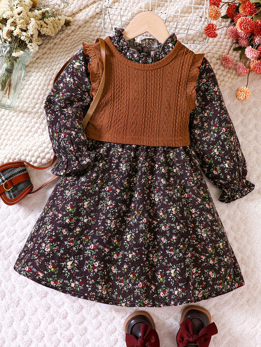 Cotton knit vest and floral dress set for girls, ideal for casual or special occasions, non-transparent, perfect for outdoor events.