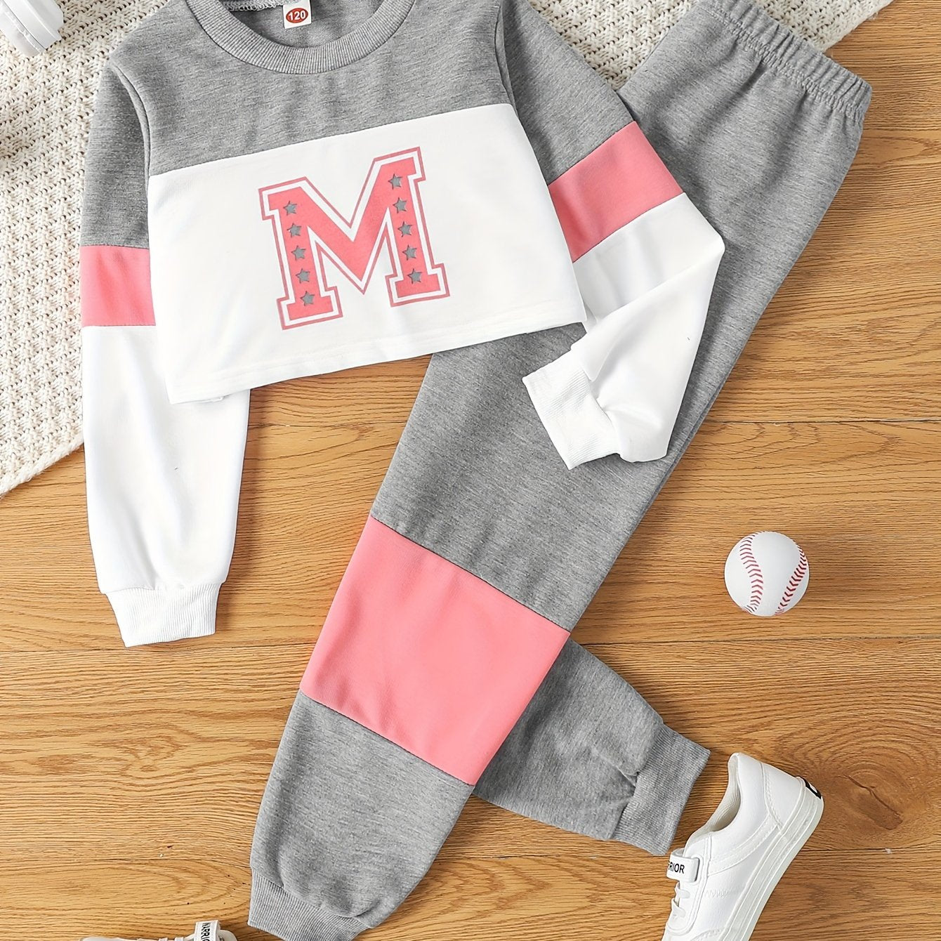 Kids' 2-piece spring & autumn set with letter print top & stitching trousers