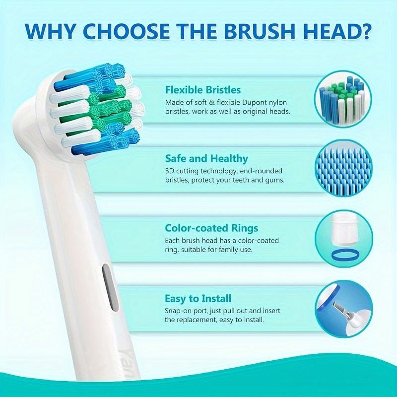 Electric toothbrush replacement heads for Oral B models are available in packs of 4, 8, or 16.