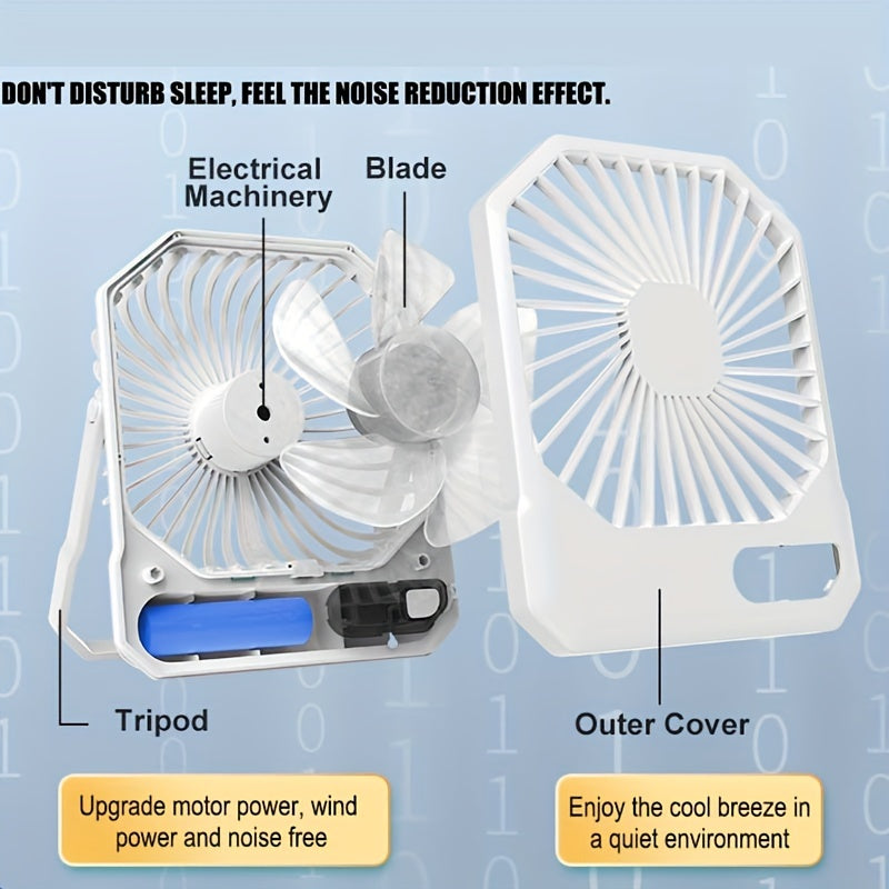 Introducing the 1pc Portable USB Desktop Fan with Digital Display. This 3-speed 6-inch mini cooling fan offers 180° silent operation and is perfect for indoor and outdoor use. With button control and a rechargeable lithium battery, it's ideal for home