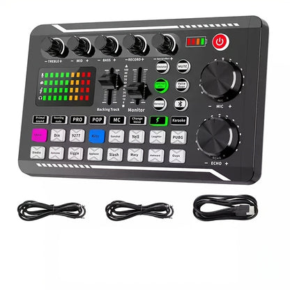 1pc F998 Live Sound Card with DJ Mixing Effects, Vocoder, Rechargeable Battery, USB Audio Interface - Podcasting, Live Streaming, Gaming - Plastic, Black, Dual Power Mode.