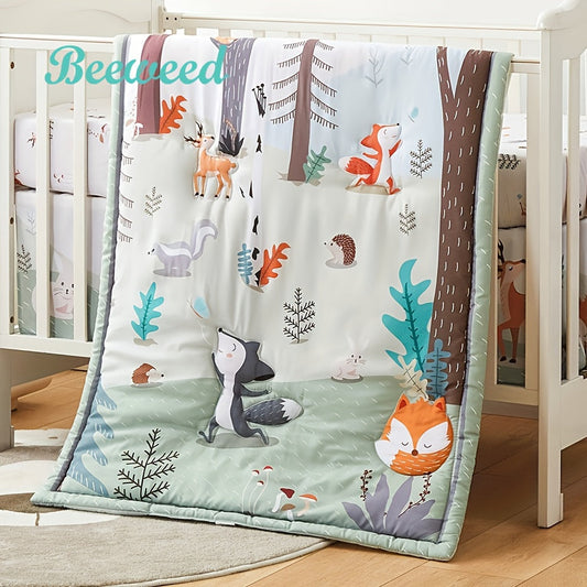 Woodland Animal Nursery Bedding Set includes 3 pieces of BEEWEED polyester crib sheets with a soft blanket and skirt for boys and girls. This machine washable set is perfect for Christmas, Thanksgiving, and Halloween gifts.