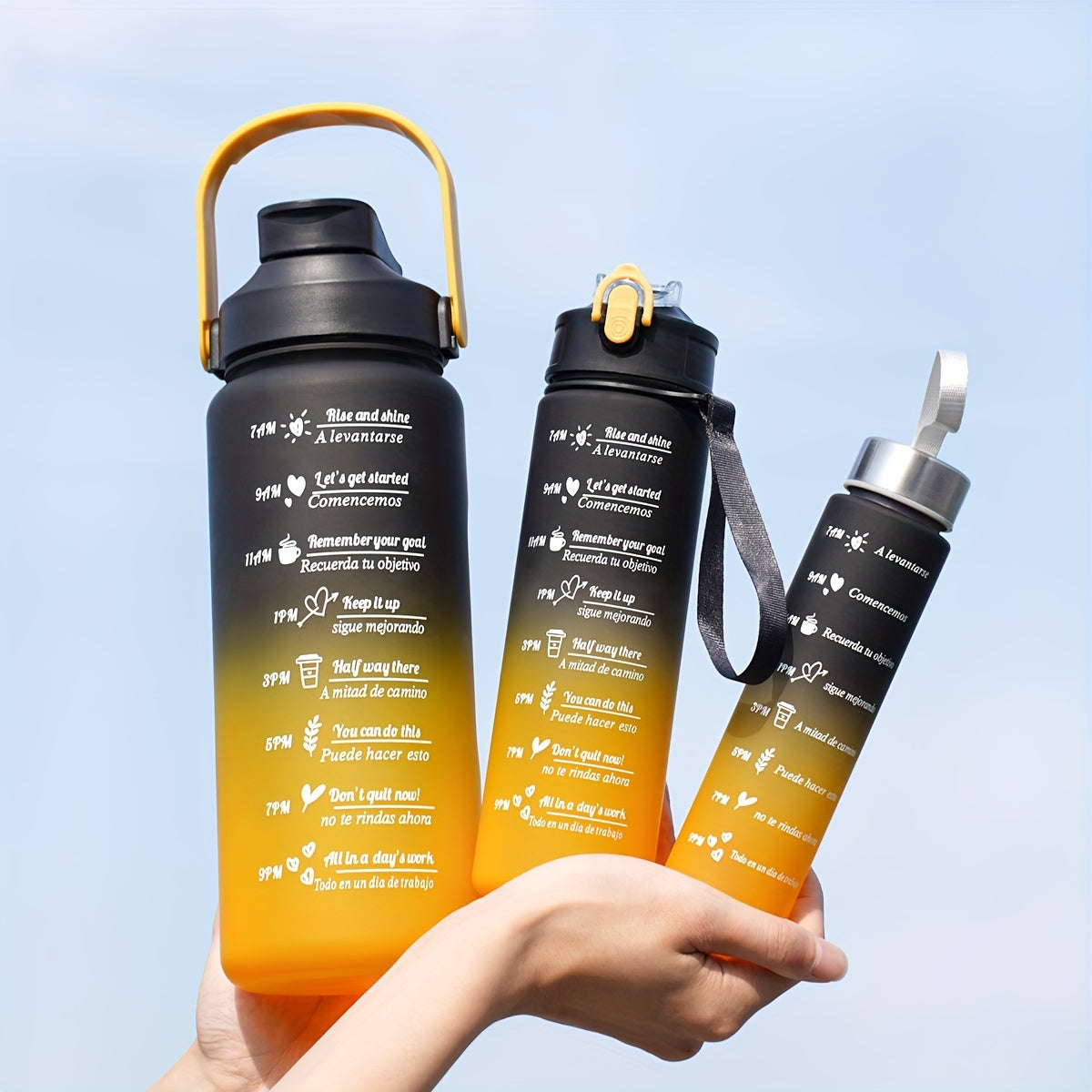 Motivational water bottle set for outdoor activities and fitness; ideal for camping, hiking, and birthday gifts.