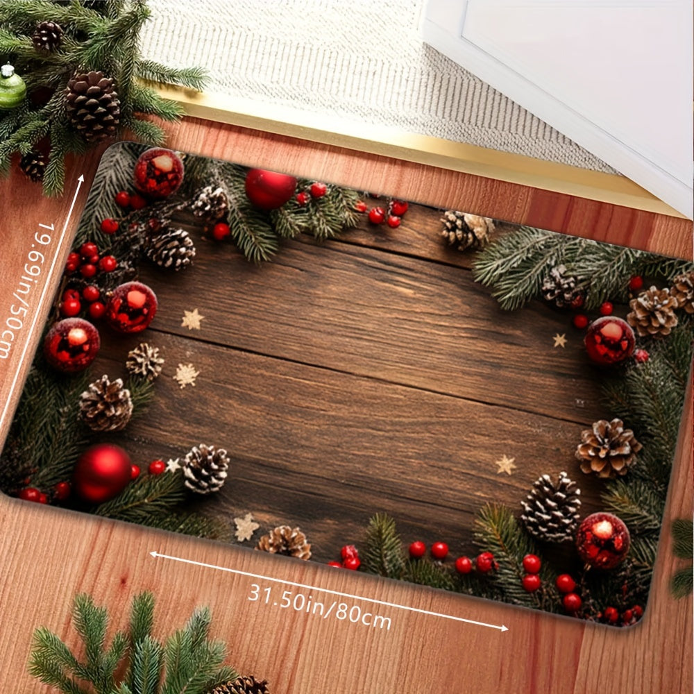 This decorative non-slip mat, perfect for the winter holidays, features charming patterns of New Year and Christmas elements such as faux wood grain, pine trees, pine cones, and snowflakes. It is ideal for adding a festive touch to bedrooms, living