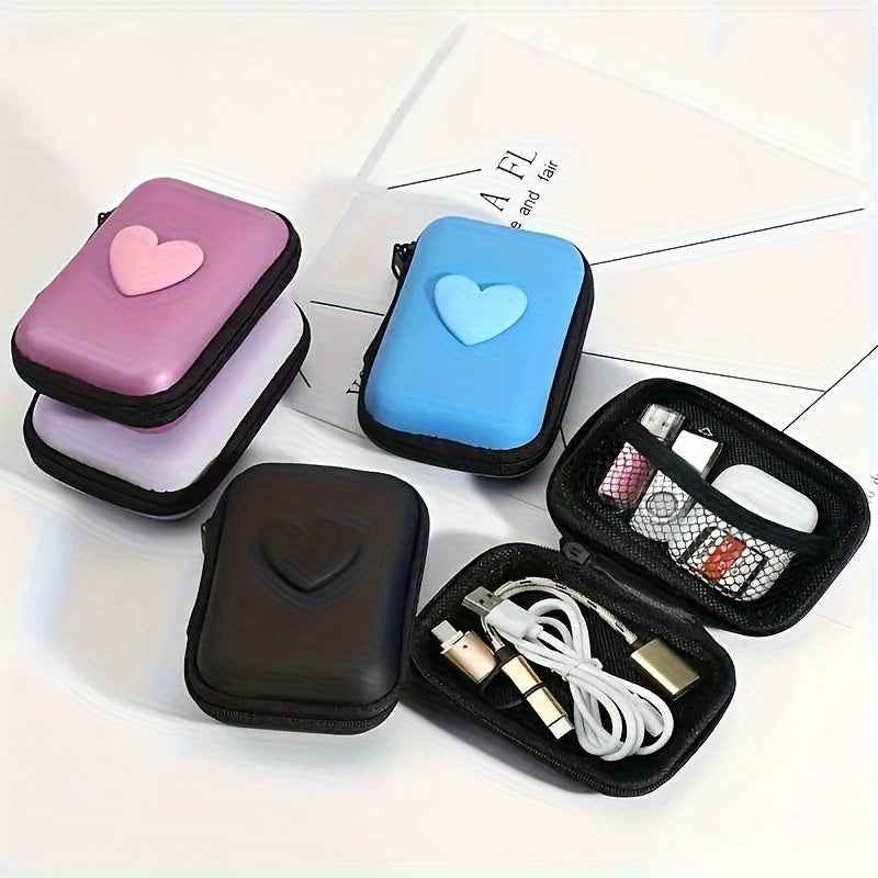 Heart-shaped storage bag for earphones, data cables, and chargers with anti-fall zipper.