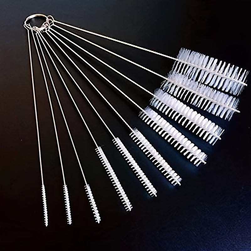 10 stainless steel handle soft bristle straw brushes for cleaning various items such as teapots, cups, and test tubes.