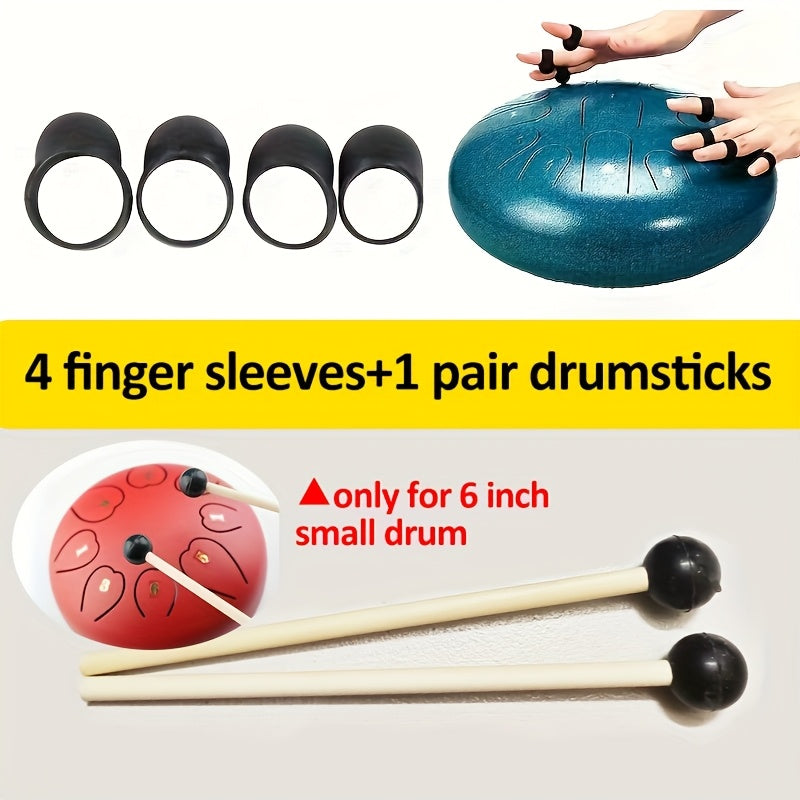 Ethereal drum accessory set includes 6-inch drum, 1 pair of Birchwood drumsticks, 4 finger covers, Lotus Steel Tongue Drum Mallets, and soft rubber head drumsticks.