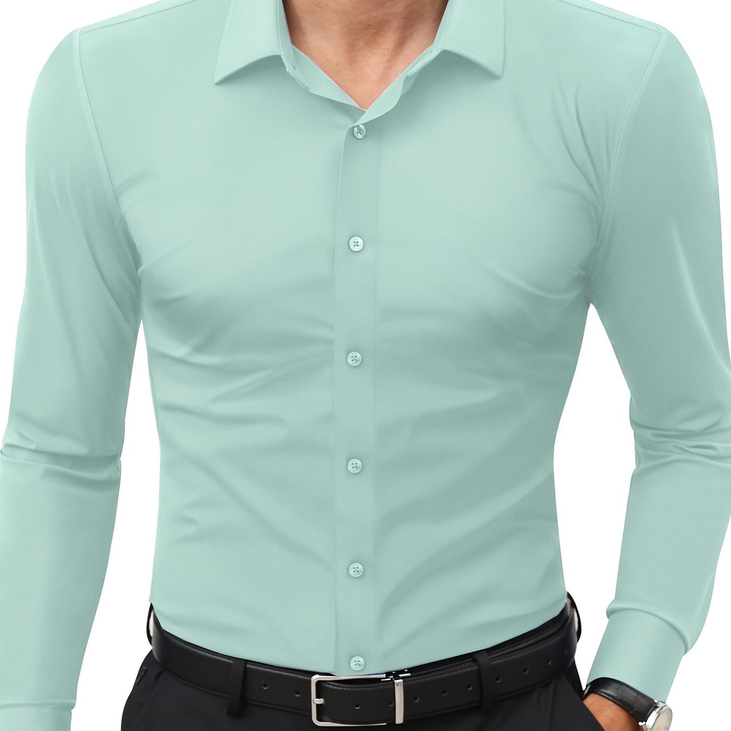 Slim fit long sleeve shirt for men made of 55% cotton, 40% polyester, and 5% spandex. Solid color with lapel collar, button-up closure, and all-season wear. Casual weekend wear, woven