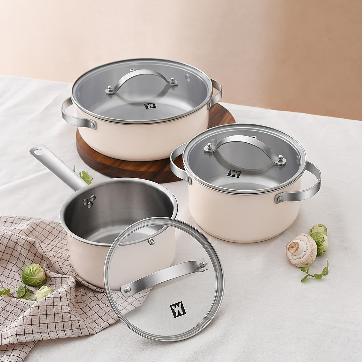 Set of 3 WAGENSTEIGER Stainless Steel Cookware featuring Ceramic Finish - includes Saucepan, Hot Pot, and Soup Pot with Thickened Composite Base. Suitable for use on Induction & Electric Stoves, adding an Elegant Touch to your Kitchen Decor.