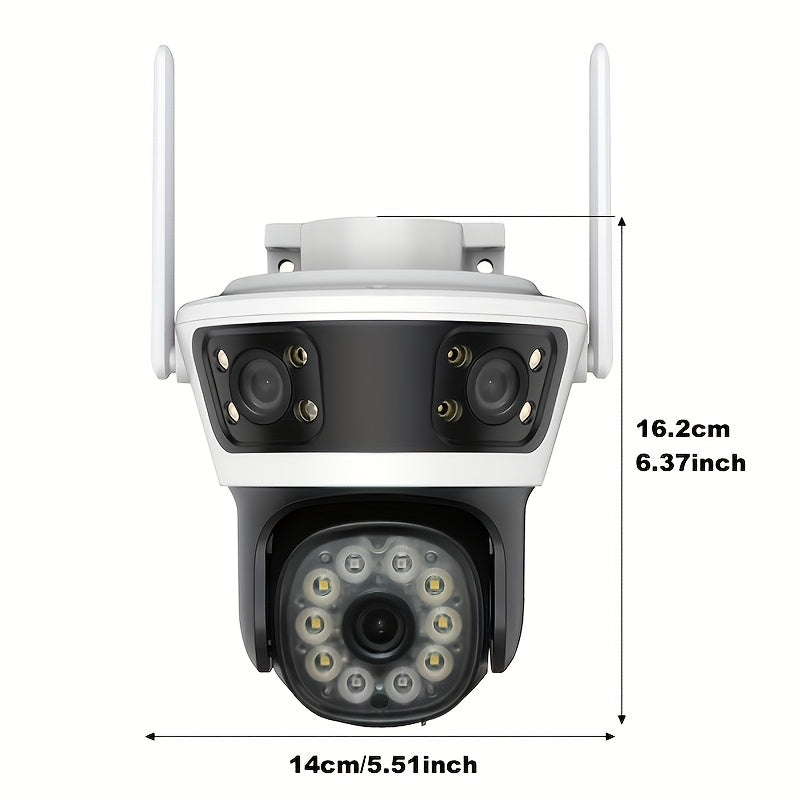 ANYAZHINENG Outdoor Wireless Security Camera is a high-definition 1080p camera with a triple lens for panoramic viewing. It features motion detection, night vision, two-way audio, PTZ capabilities, and can be wall-mounted. Powered by USB and compatible