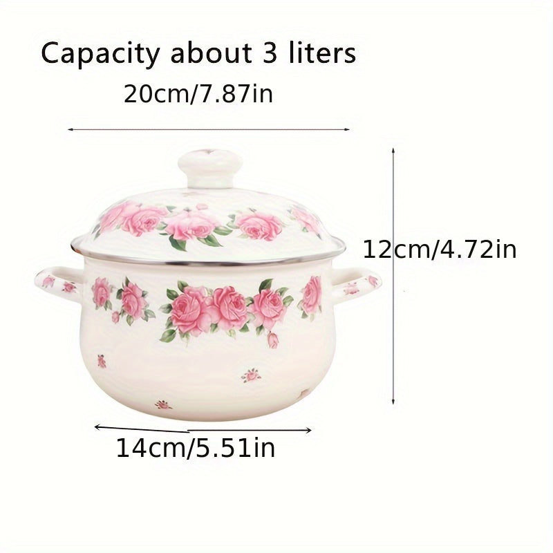 Vintage Floral Pattern Enamel Stockpot with Lid, 20cm, Cooking Pot with Handles - Perfect for Soups, Stews, and Beans! Compatible with Induction and Gas Stoves.