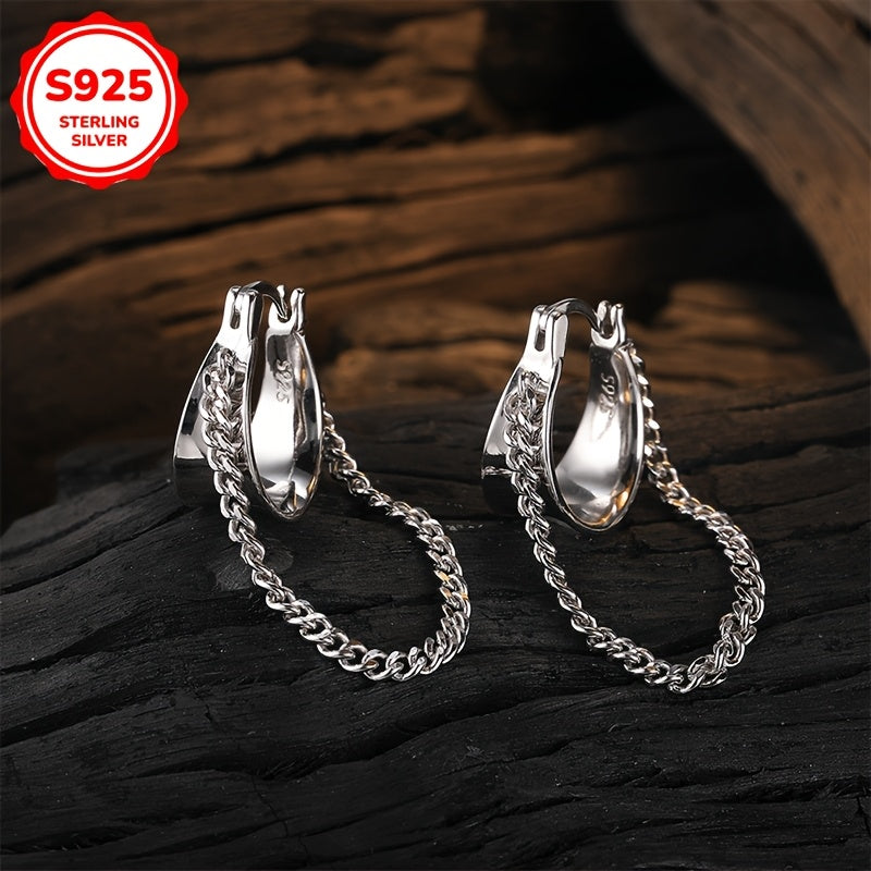 Stylish geometric buckle earrings paired with long braided earrings, perfect for fashion-forward women. Available in a sleek silvery color, weighing 6.5g or 0.23oz.