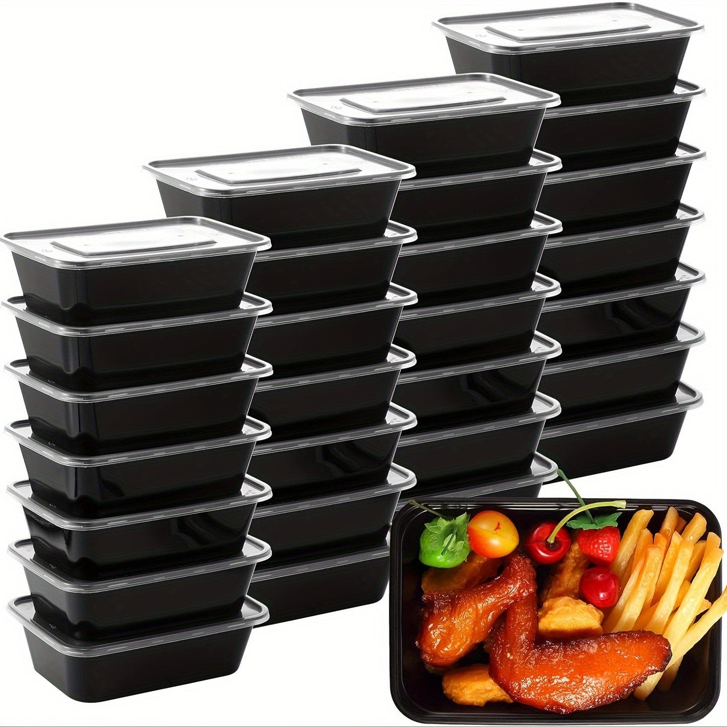 Pack of 30 rectangular plastic black boxes with lids in sizes 17oz, 22oz, and 26oz. These food storage containers are BPA-free, stackable, and leakproof. They are safe to use in the microwave and are perfect for storing and transporting food. Great for