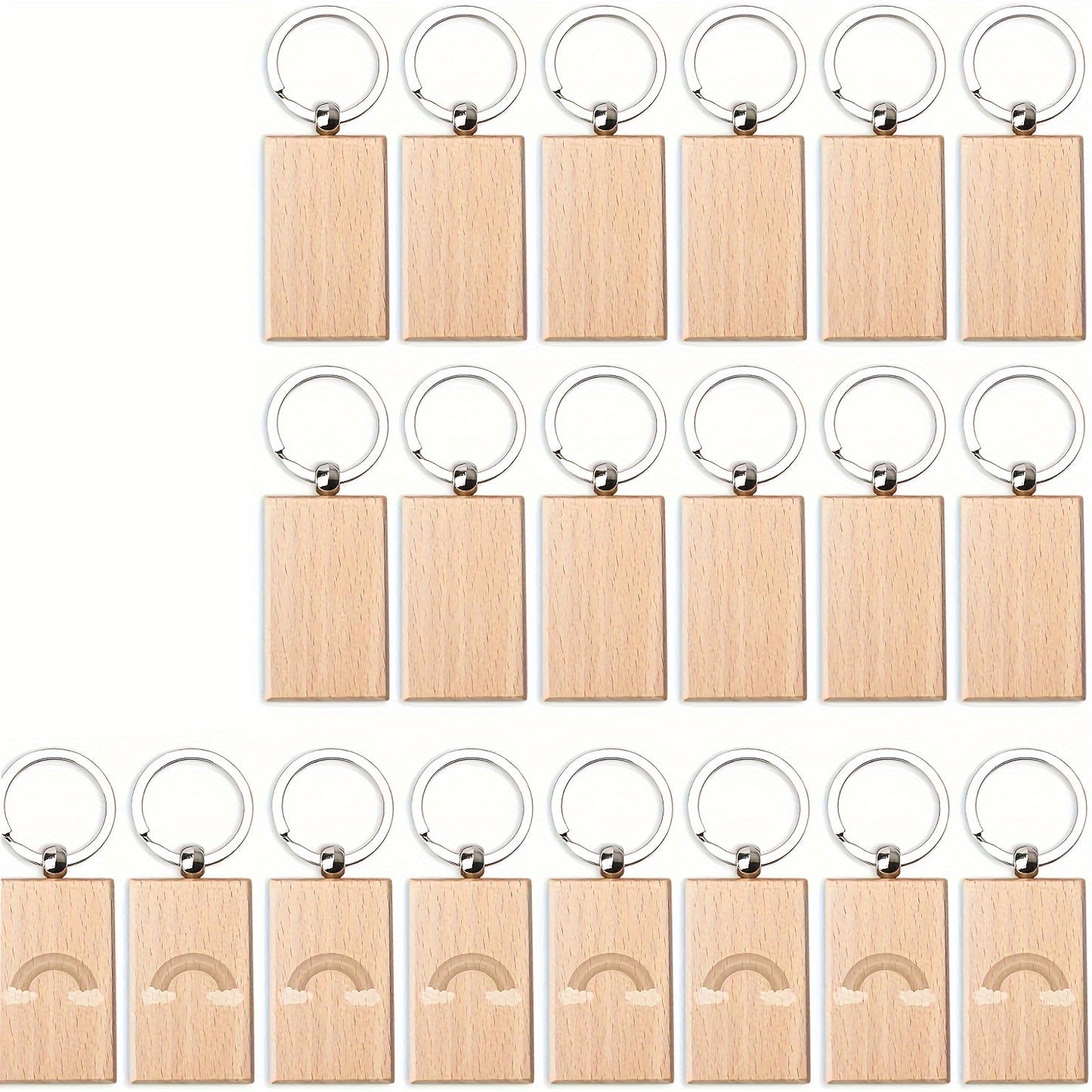 Twenty pieces of wooden key chain blanks, rectangular in shape, suitable for key chains. These wood blanks can be engraved and used for making jewelry and other craft projects.