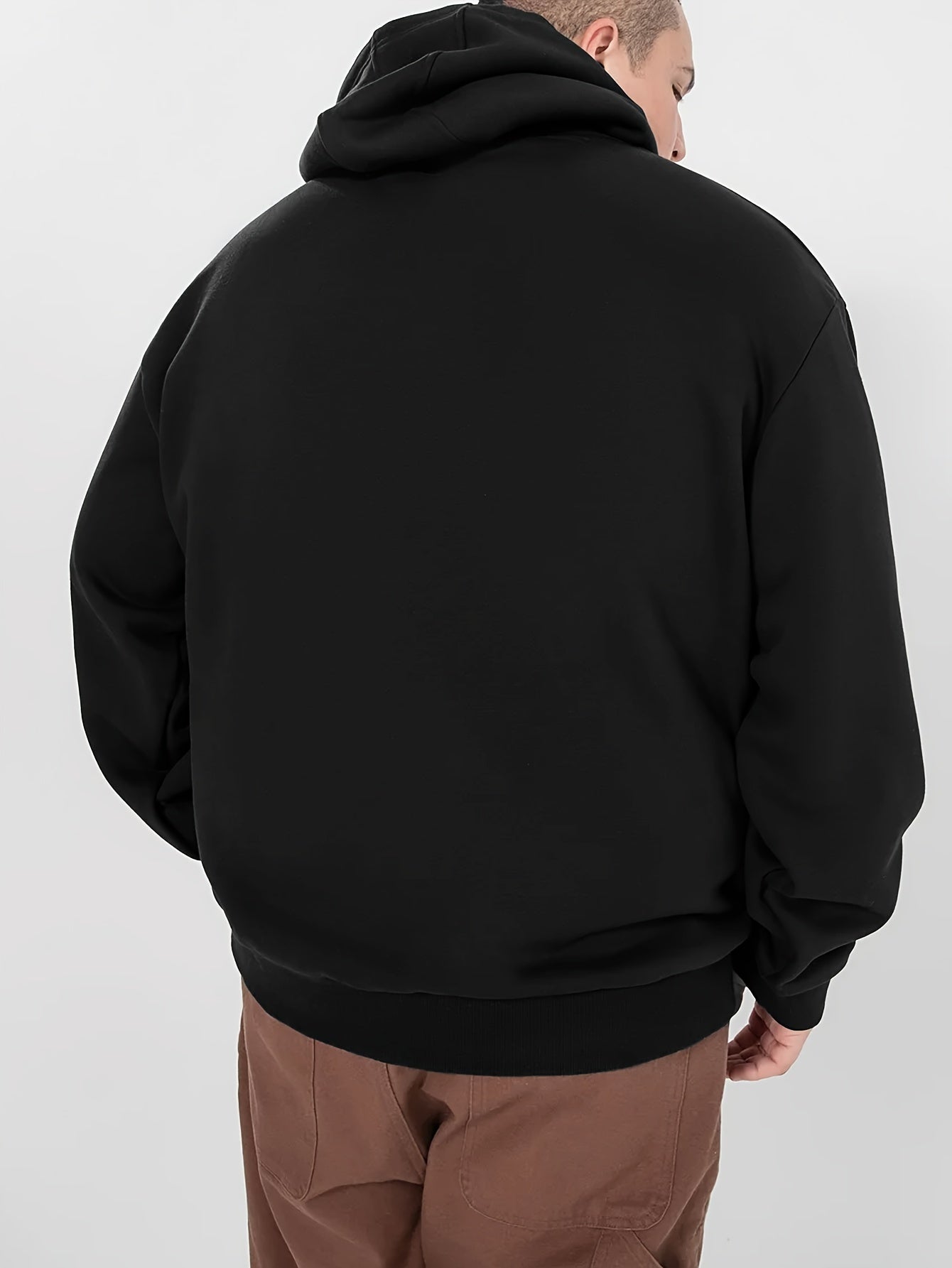 Men's casual black zip-up hoodie made of polyester, ideal for outdoor sports, machine washable, suitable for hip-hop necklace, available in plus size.