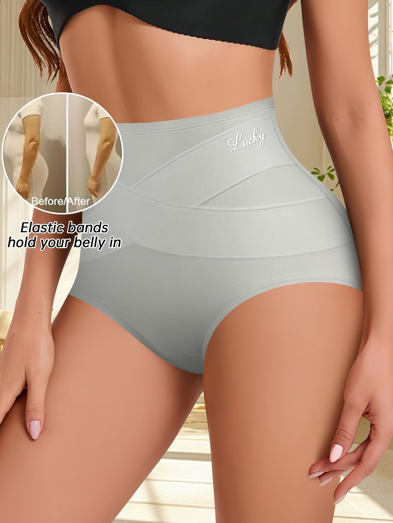 Set of 3 high-waist tummy control solid color underpants with cross-band design for women.