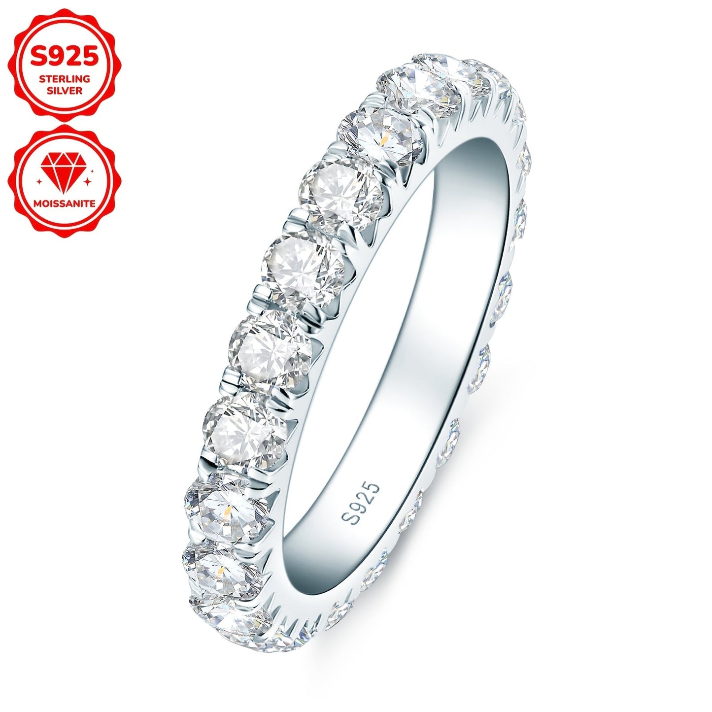 Timeless and sophisticated, this stunning 925 sterling silver ring features 22 synthetic Moissanite stones in a four-prong setting. The ring is elegantly finished with 18K gold plating, making it the perfect choice for a wedding, engagement, or Christmas