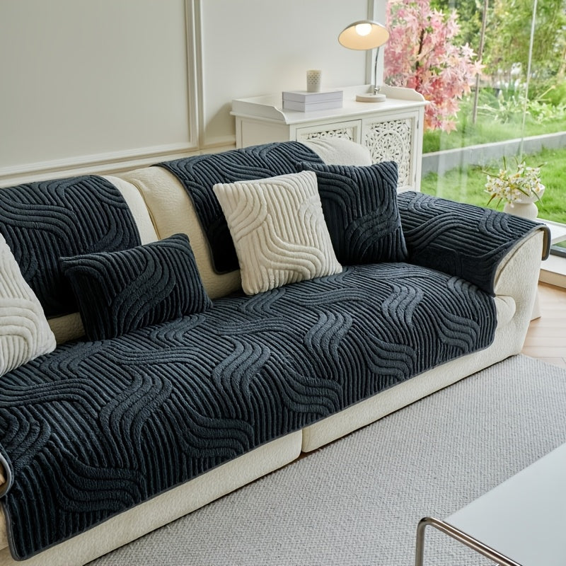 Classic Stripe Design Sofa Cover with Non-Slip Pet-Friendly Protector for various sofa sizes, machine washable polyester material with unique embellishments. Ideal for home and office decor.