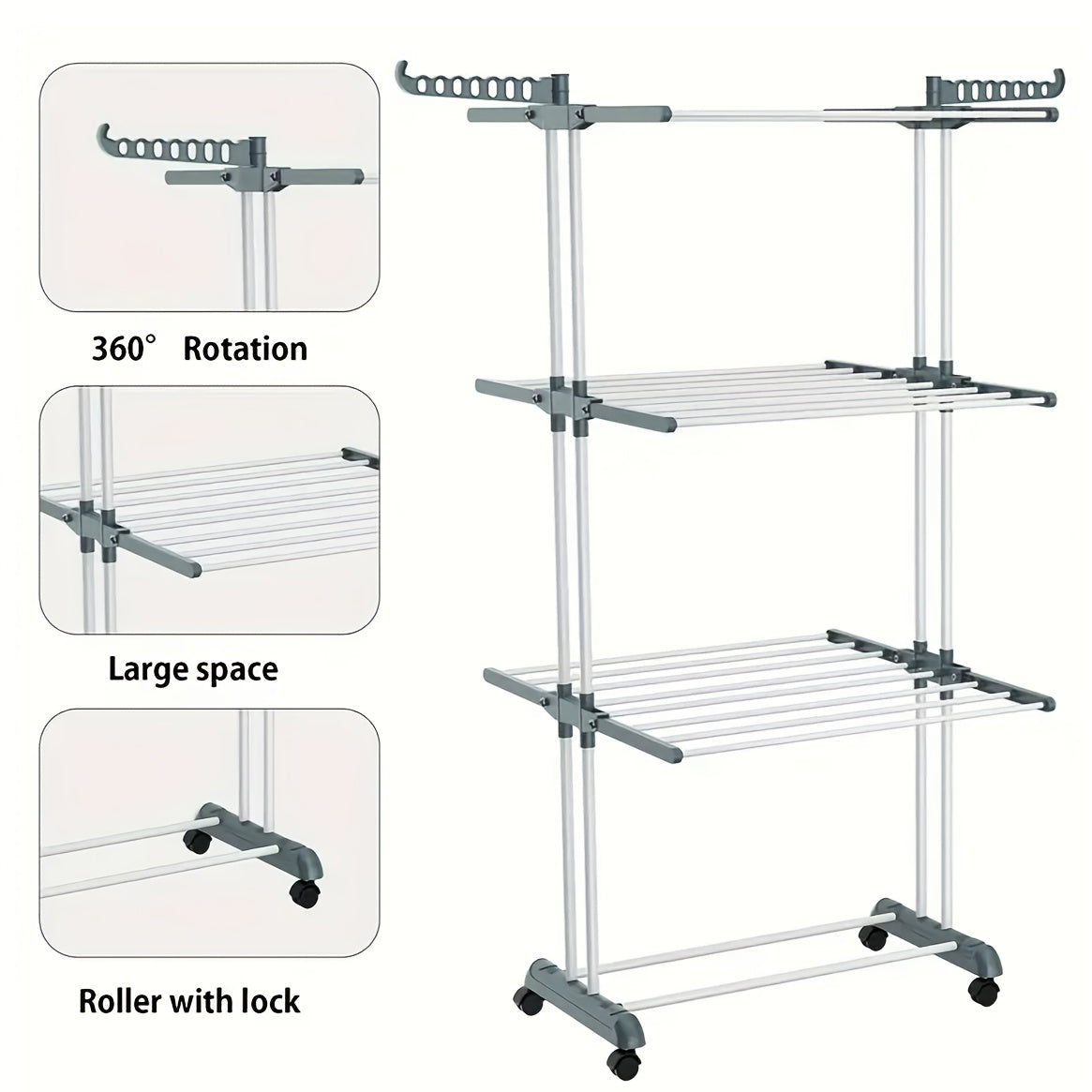 A versatile drying solution featuring a three-tiered drying rack, adjustable rolling laundry rack with a foldable drying rod, and a large clothes dryer on wheels. Perfect for indoor and outdoor use, these drying racks make the perfect back-to-school