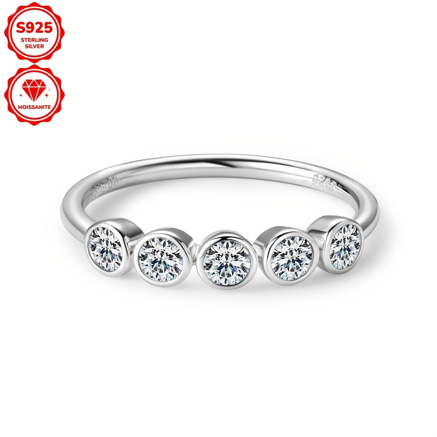 This women's engagement ring is made of 925 silver and boasts a dazzling five-stone Moissanite design, showcasing a 3mm round Moissanite stone at its center. The ring weighs 1.95 grams and is adorned with five additional 3mm Moissanite stones, totaling