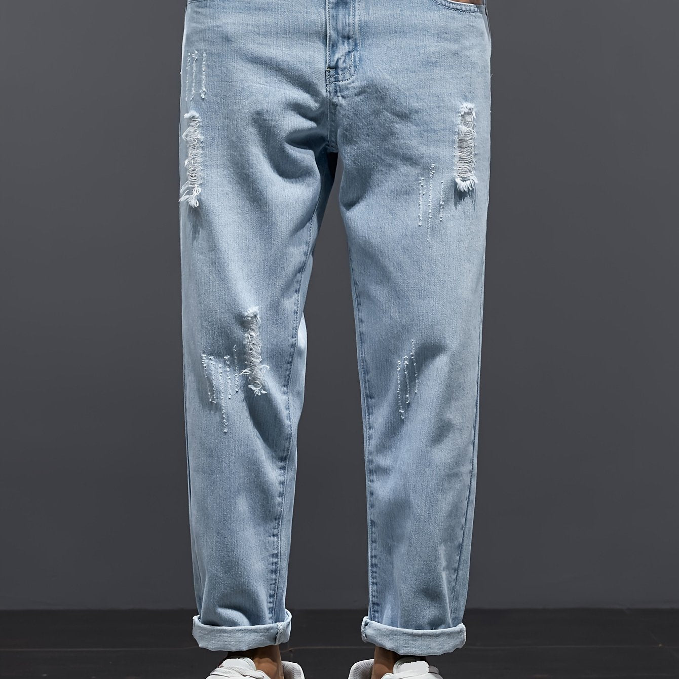 Summer 2024 Men's Distressed Denim Jeans: Straight leg, loose fit, stretch waist, trendy cropped casual pants with ripped detailing, machine washable.