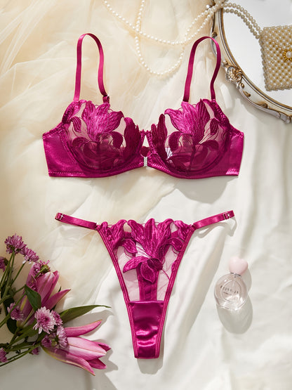 Sheer embroidered floral lingerie set with 97% polyester and 3% elastane. Adult lash sets included.